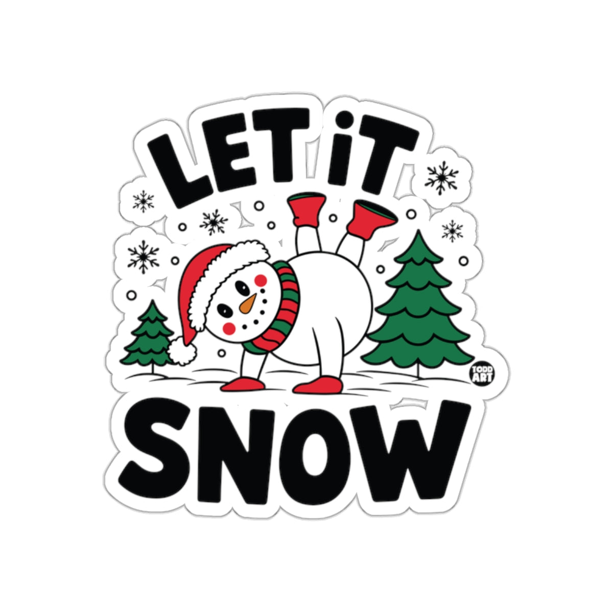 Let It Snow Merry Snowman Sticker with Christmas Trees