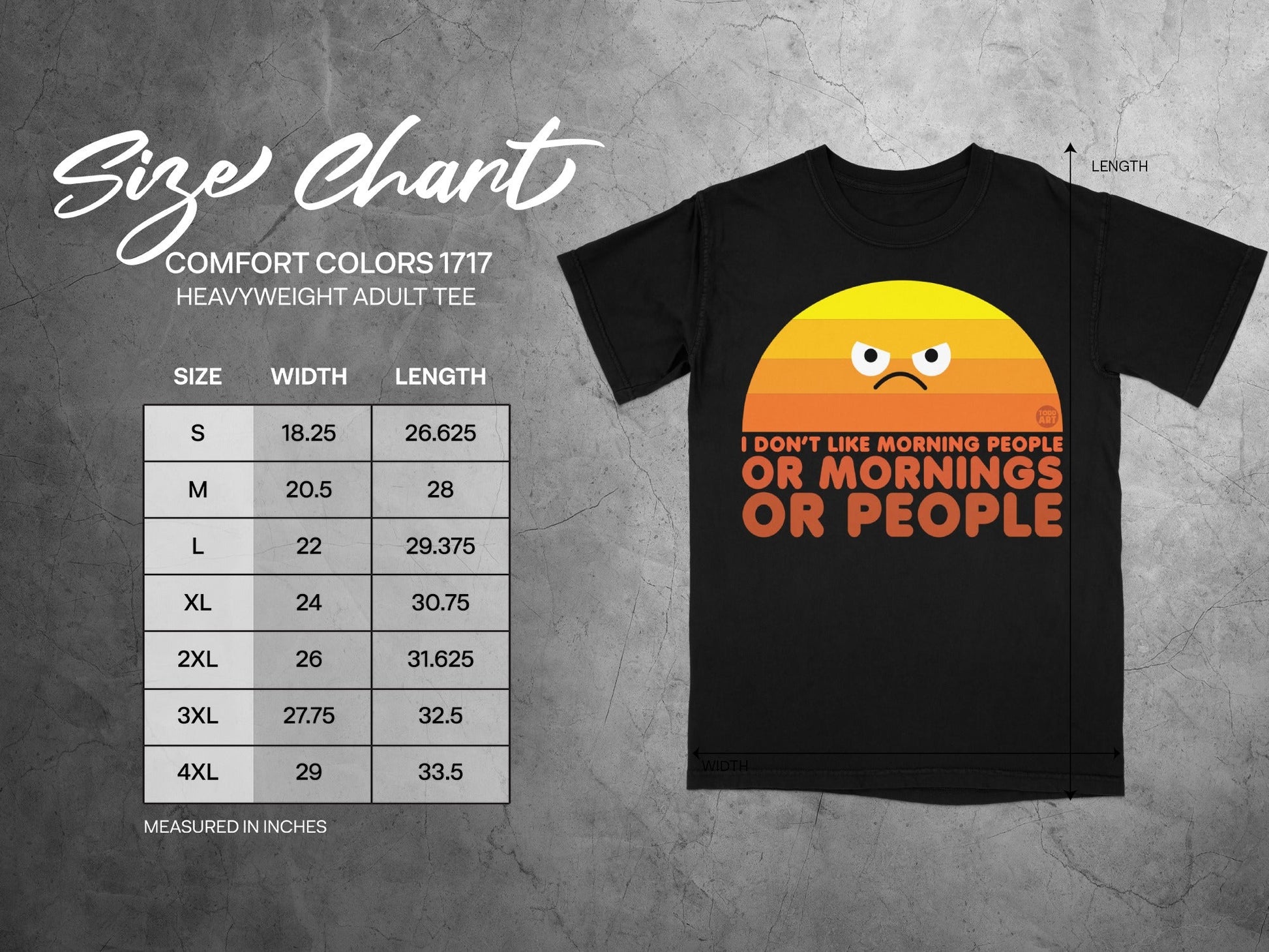 Size chart for adult t-shirts with "I don't like mornings or people" text.
