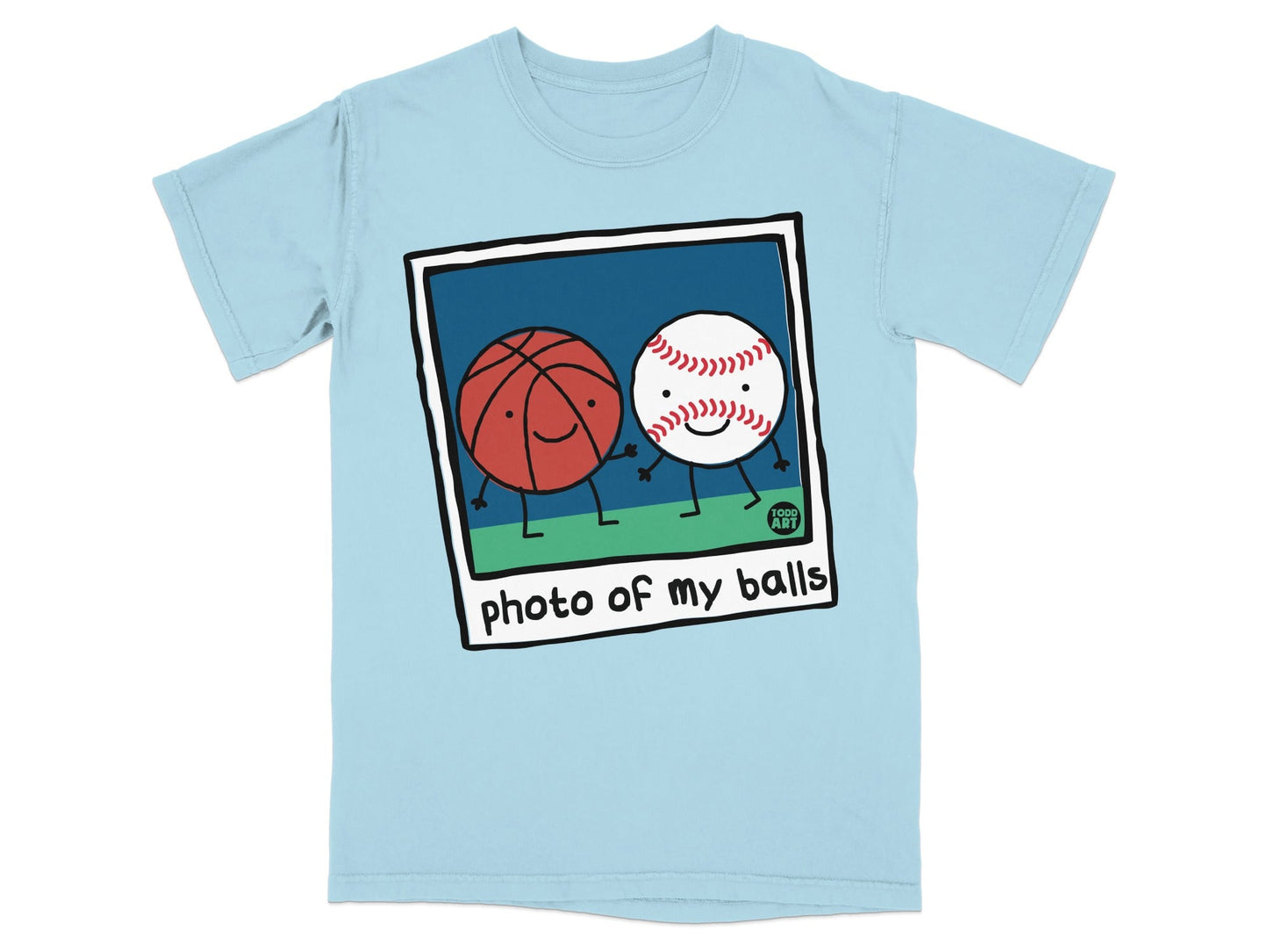 Cartoon basketball and baseball smiling together within a polaroid frame on a light blue t-shirt.