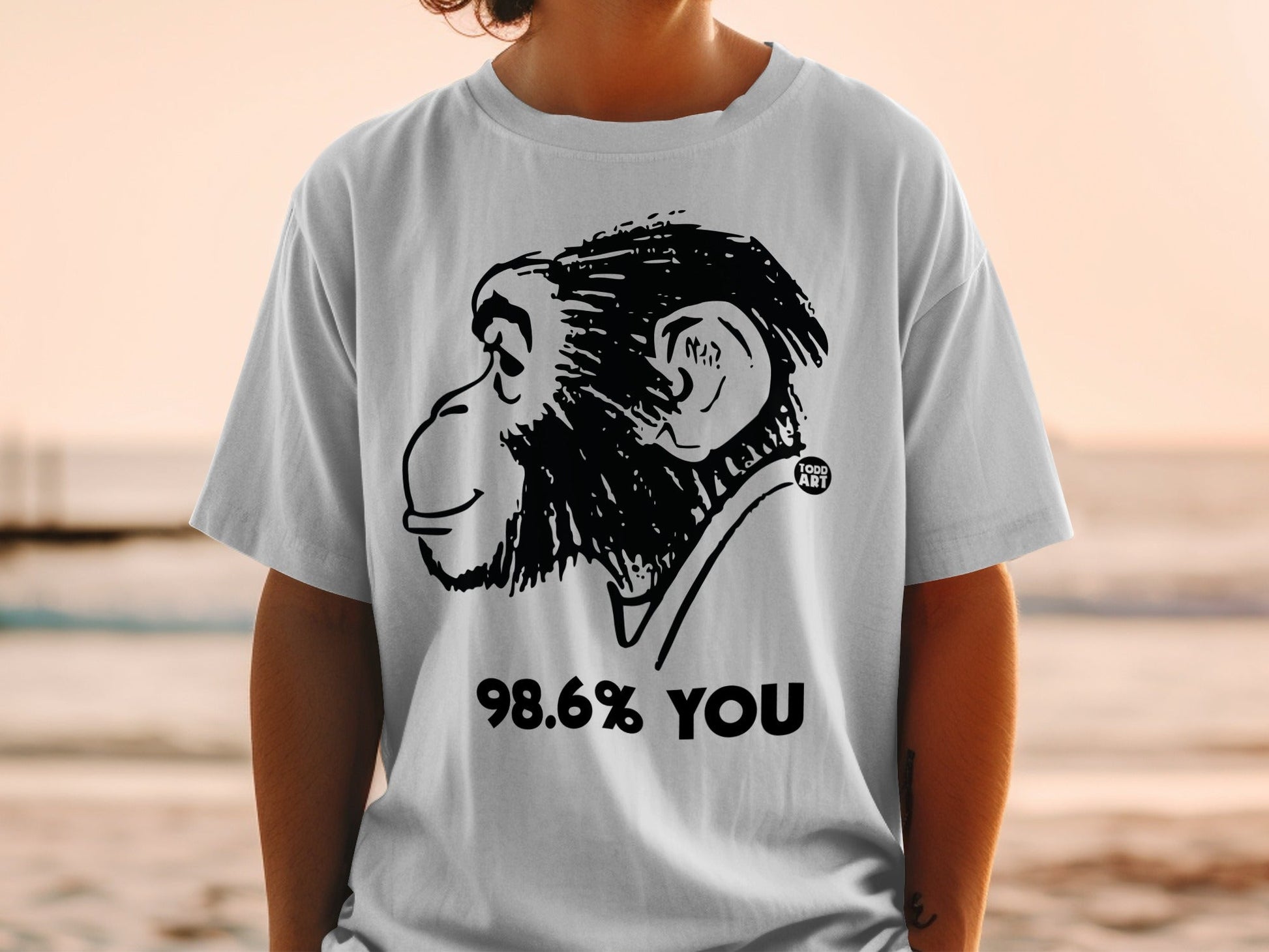 T-shirt with ape illustration and "98.6% YOU" text.