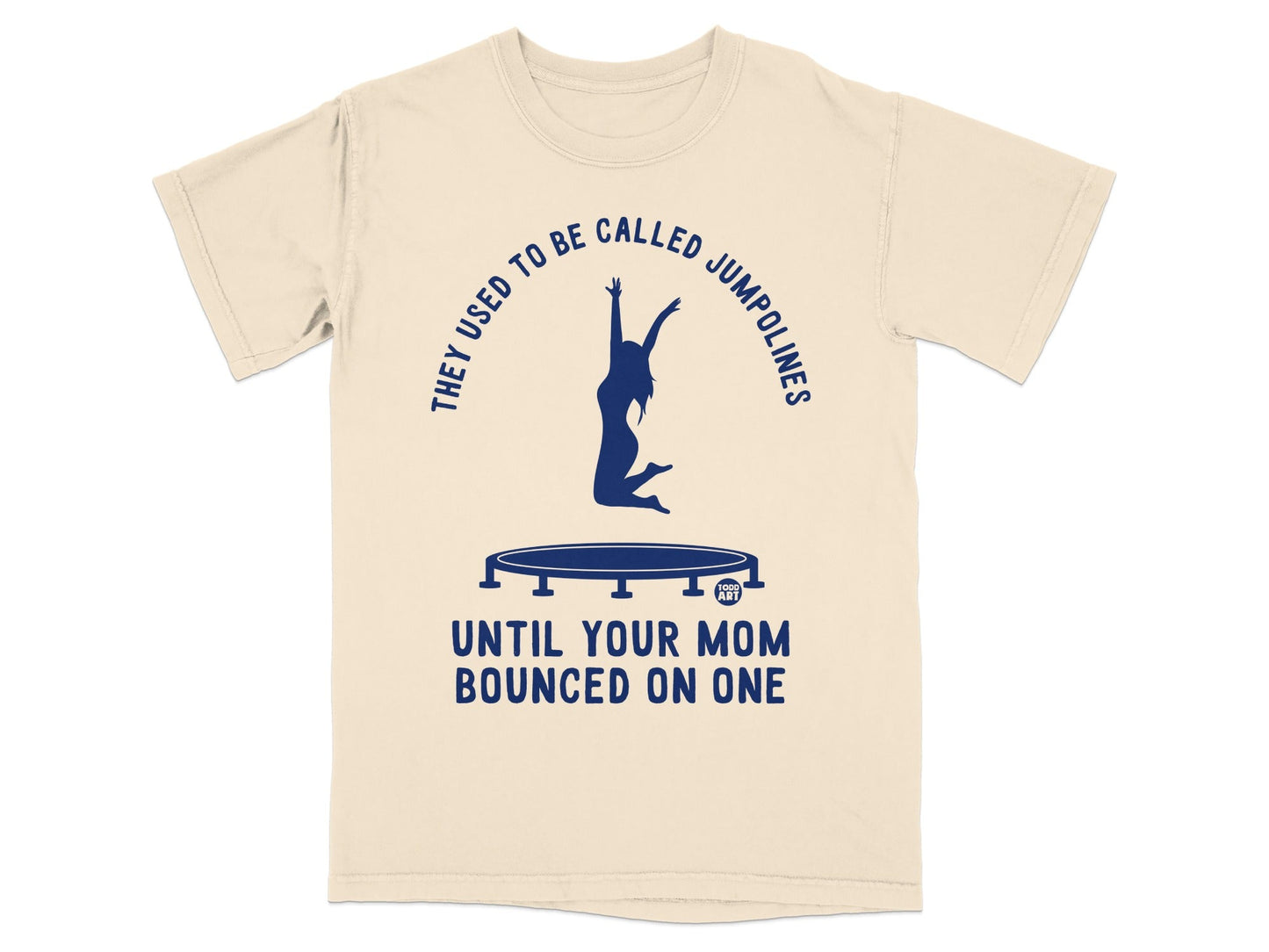 T-shirt with trampoline graphic and text about mom bouncing.