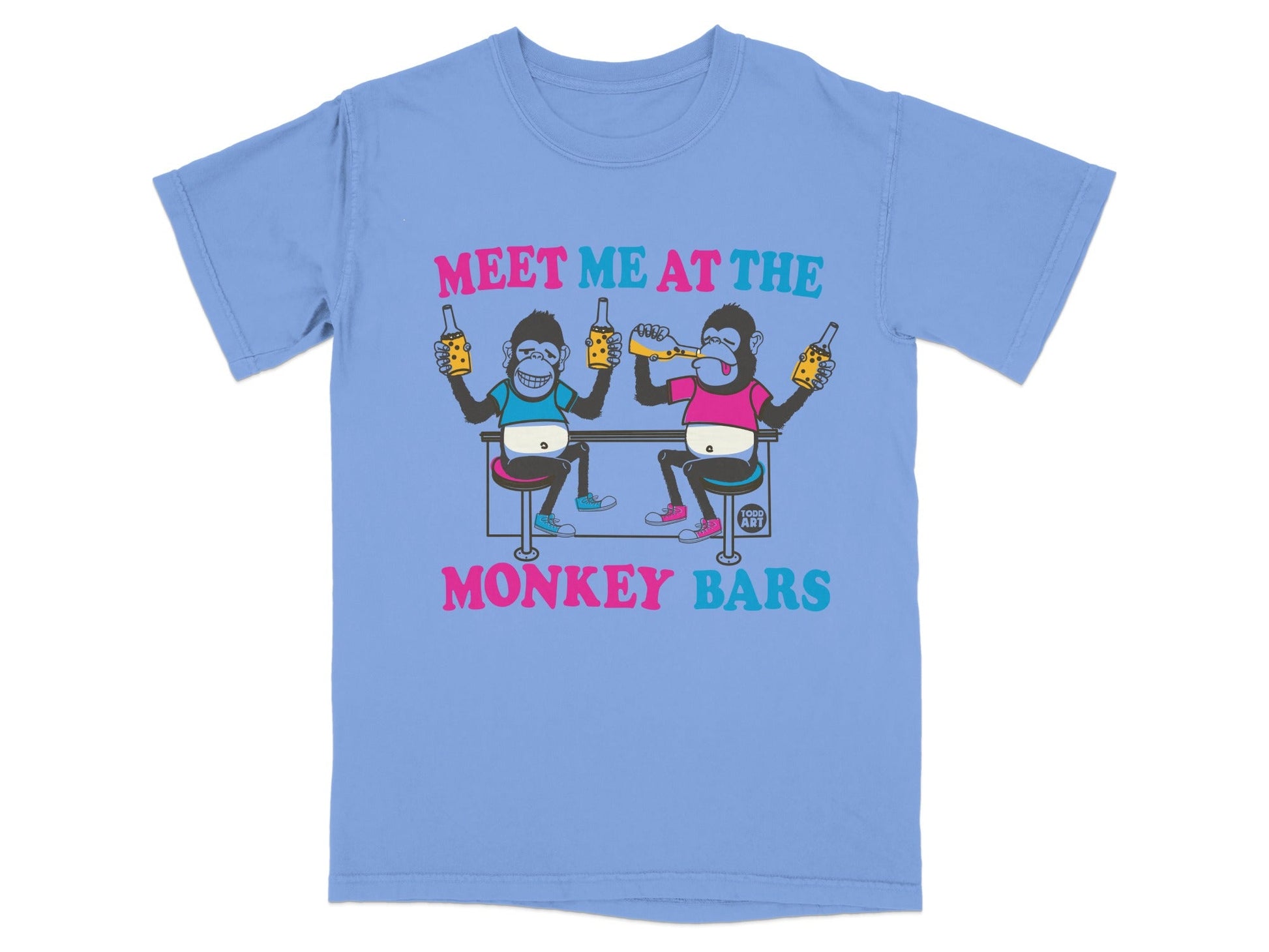 Two cartoon monkeys drinking from bottles on a blue t-shirt.