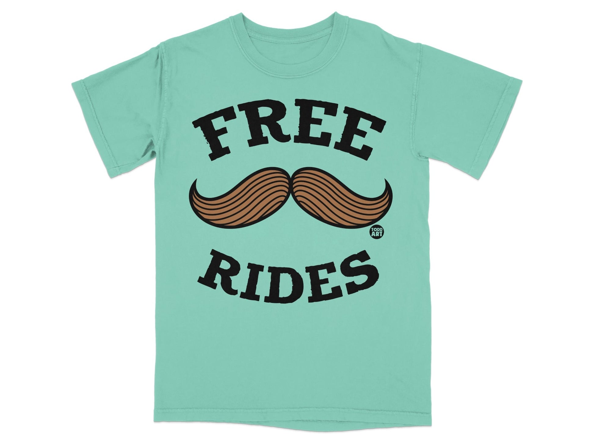 Teal t-shirt with "FREE RIDES" text and brown mustache graphic.