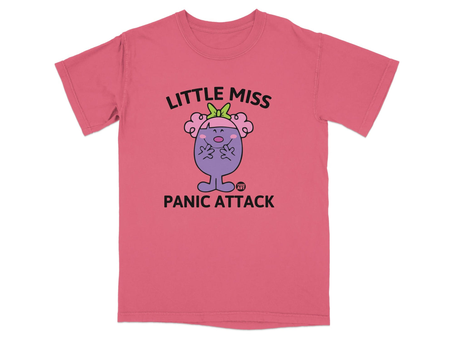 Pink t-shirt with "Little Miss Panic Attack" and cartoon character.