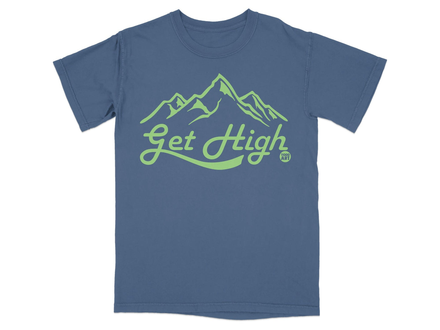 Blue t-shirt with a lime green "Get High" mountain graphic.