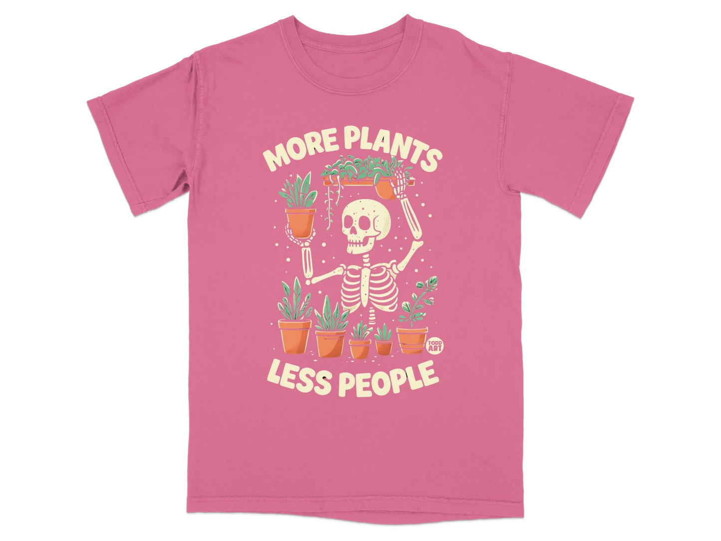 Skeleton holding potted plants with text "MORE PLANTS LESS PEOPLE".