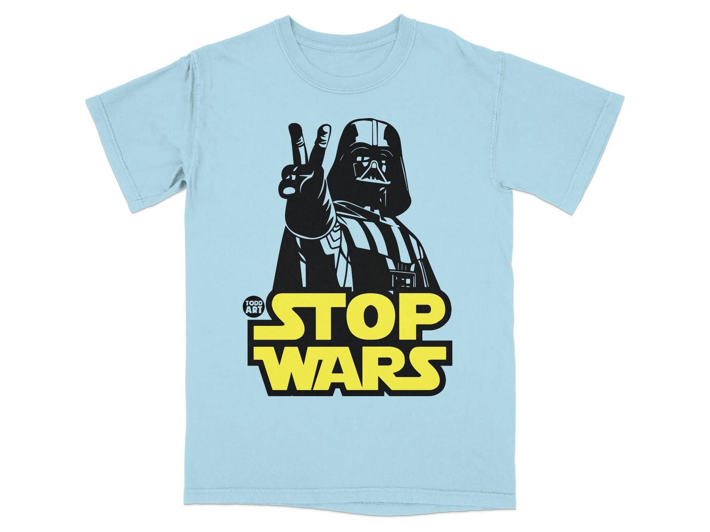 Light blue t-shirt with Darth Vader giving peace sign and "STOP WARS" text.
