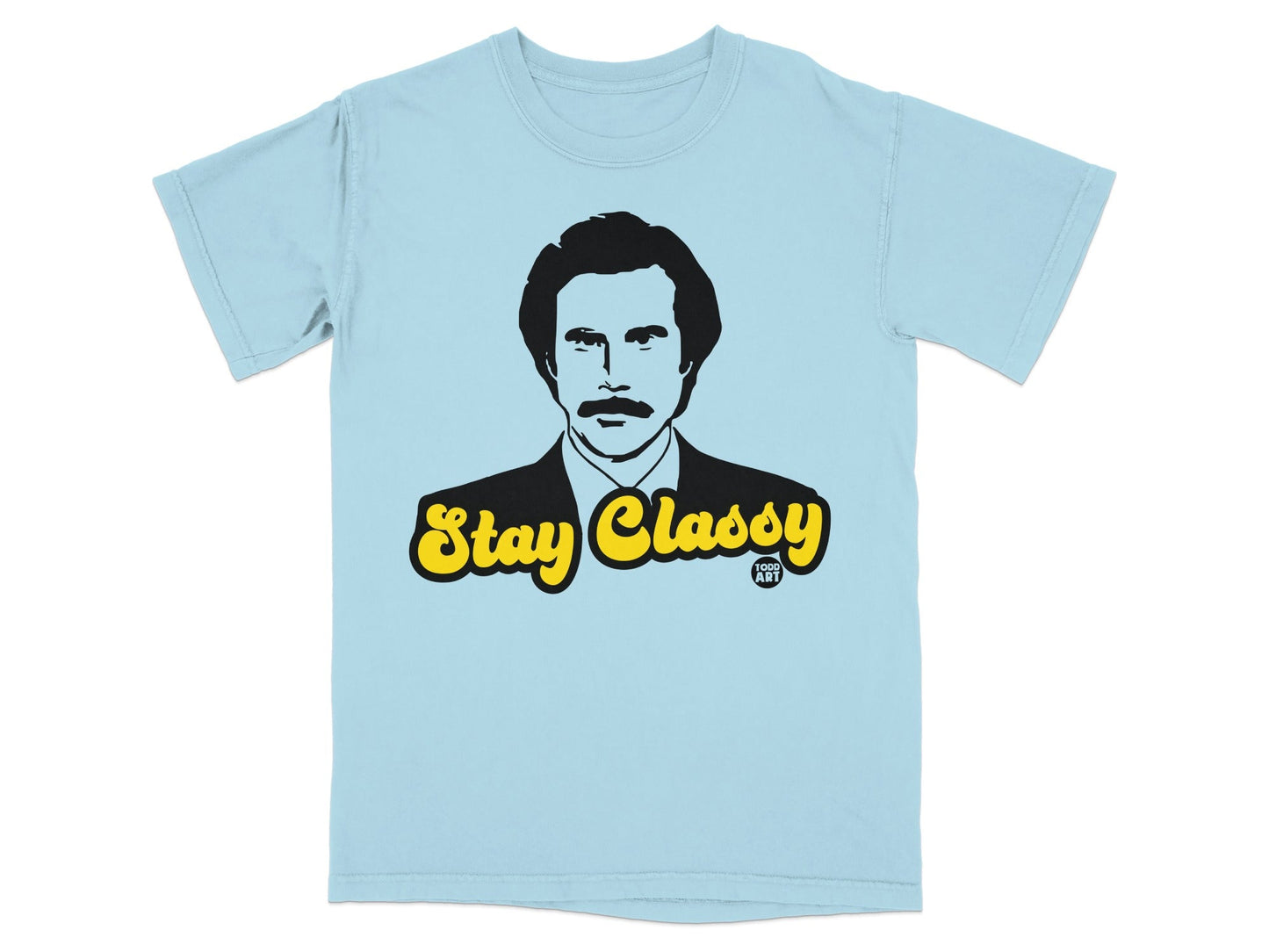 Light blue t-shirt with Ron Burgundy's portrait and "Stay Classy" text.