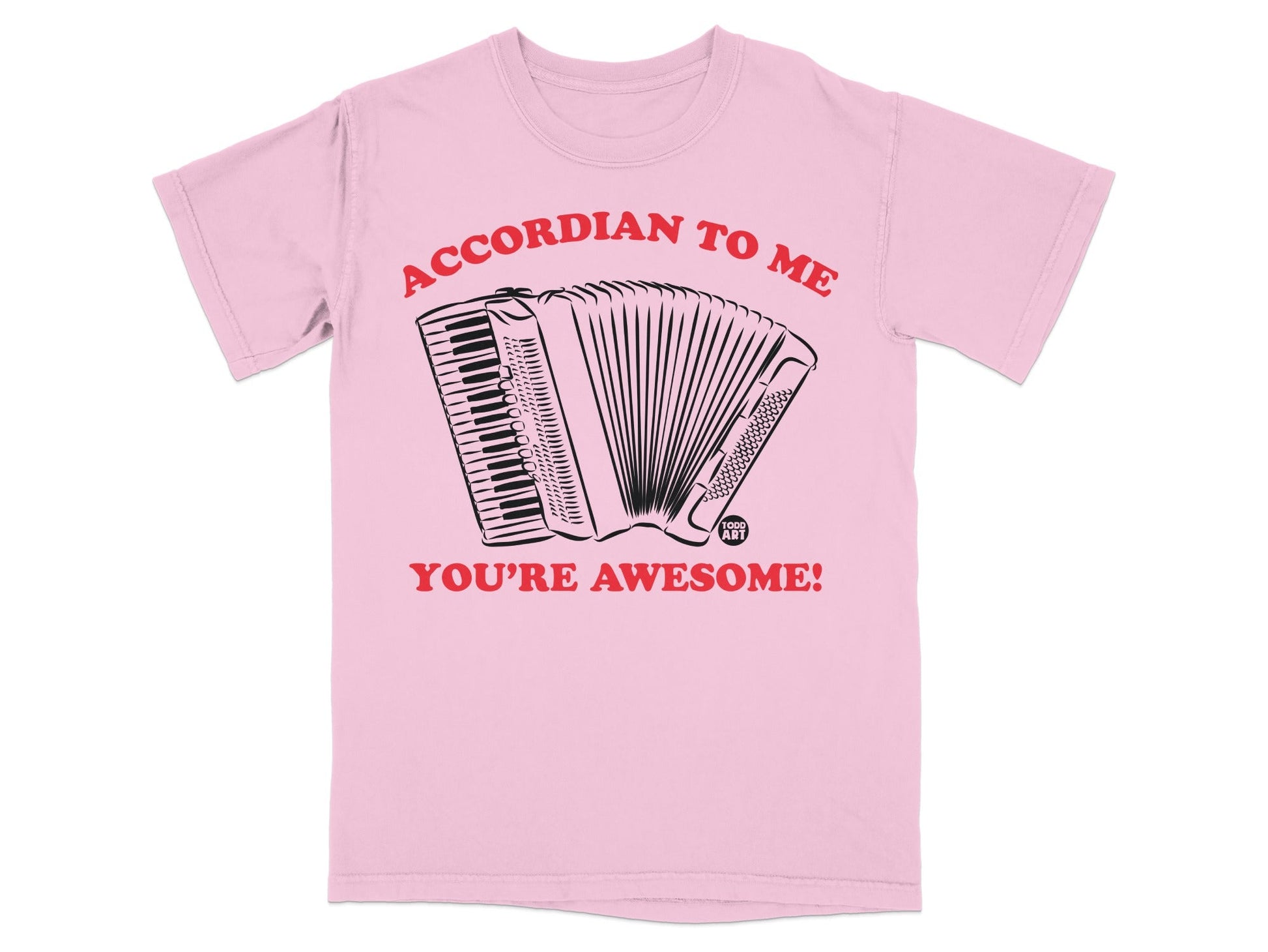 Pink t-shirt with accordion graphic and text "ACCORDIAN TO ME YOU'RE AWESOME!".