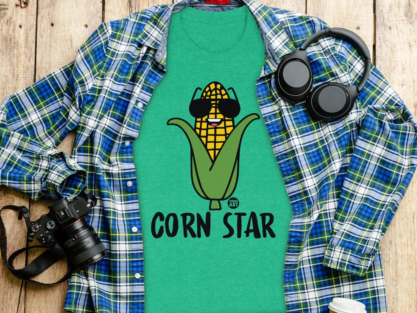 Corn Star Graphic Tee with Cool Corn Wearing Sunglasses