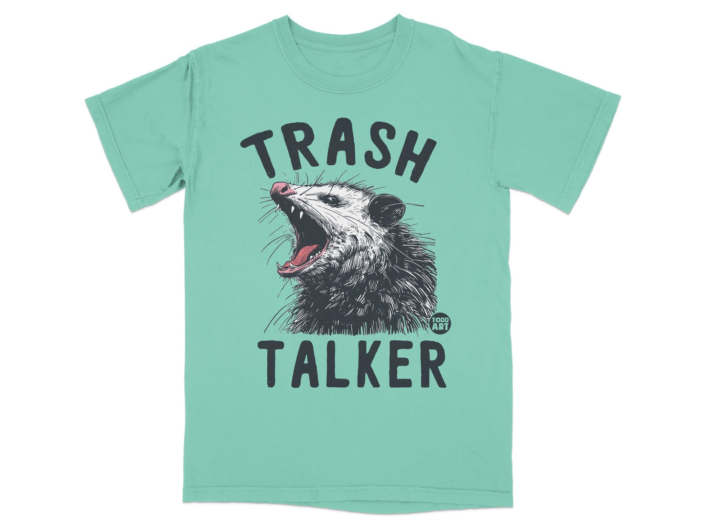 Teal t-shirt with "TRASH TALKER" and a possum with mouth open.