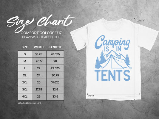 Comfort Colors 1717 size chart for heavyweight adult tee with camping design.