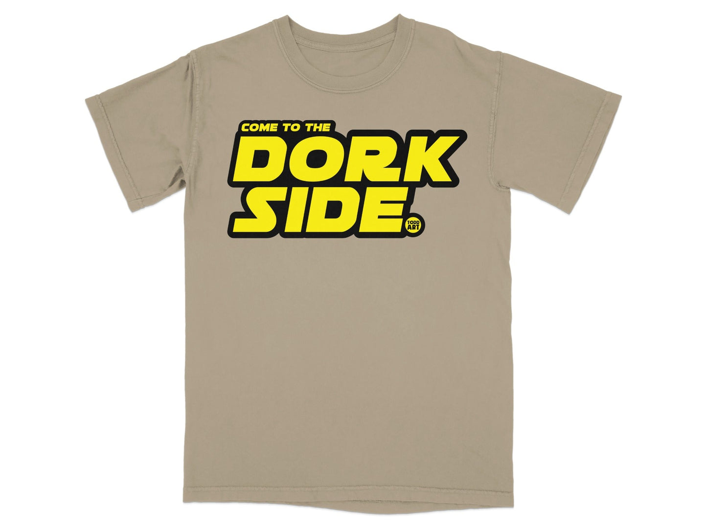 Tan t-shirt with bold yellow "DORK SIDE" text.