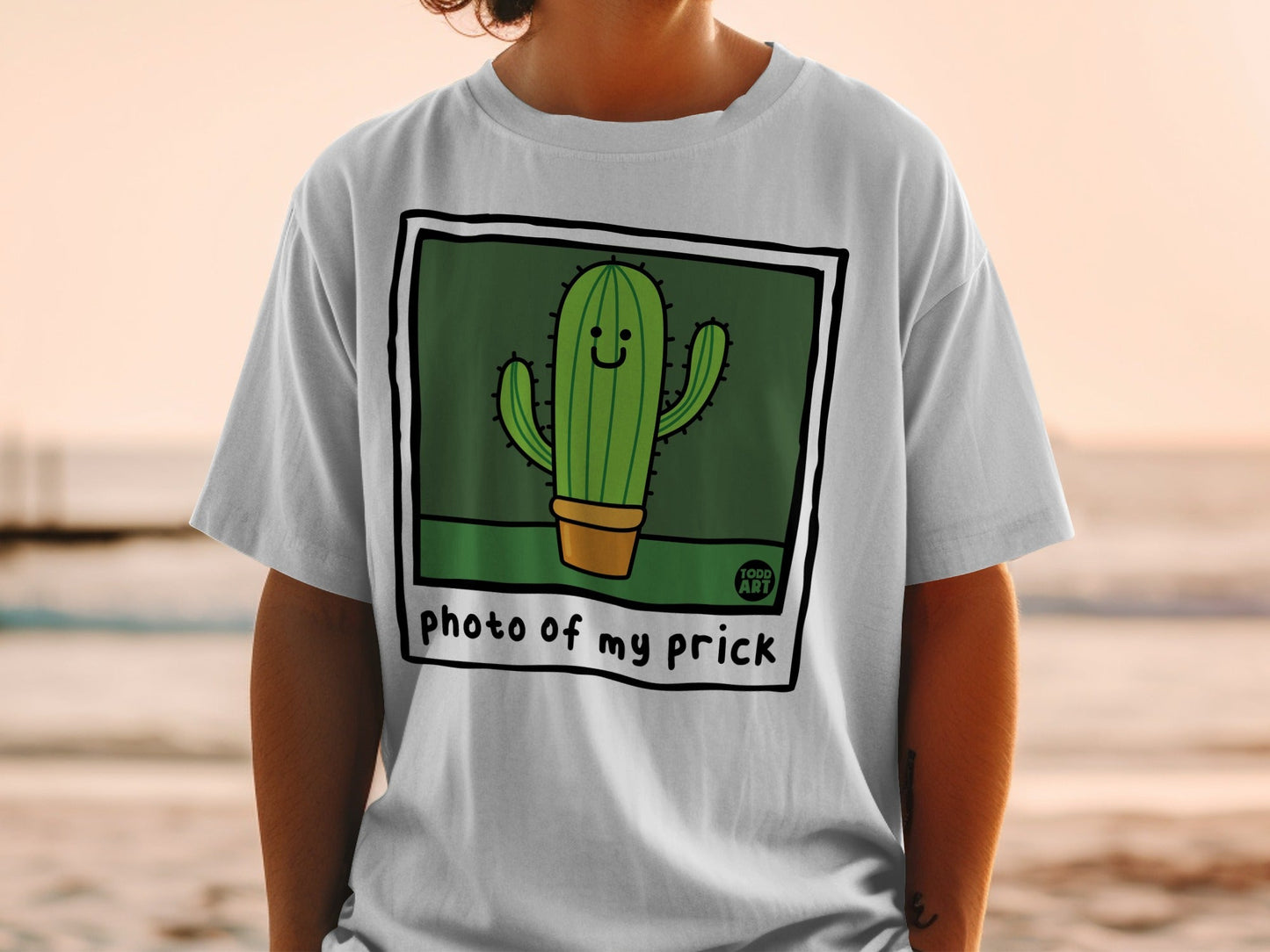 Cartoon cactus in a pot with "photo of my prick" text.
