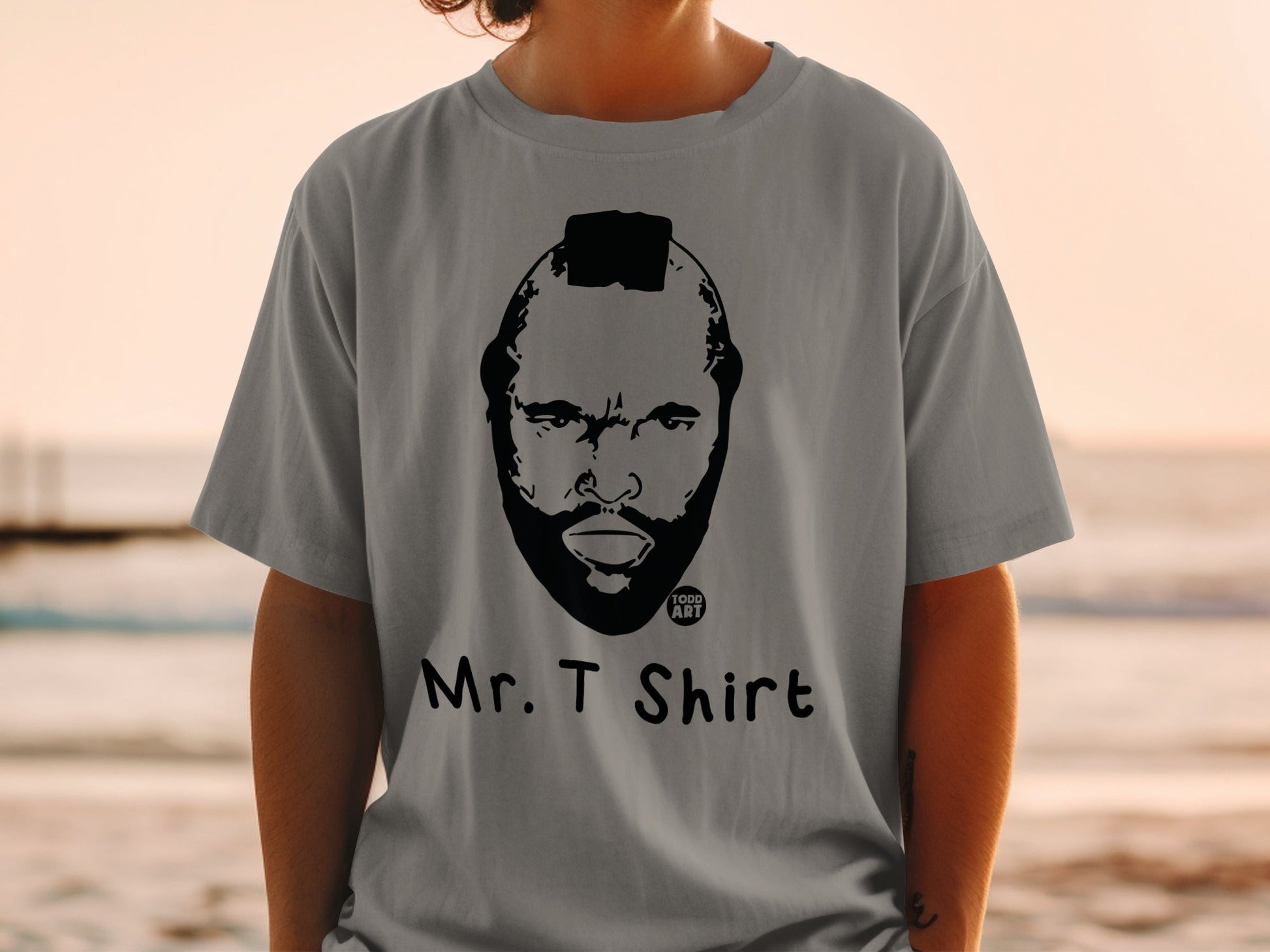 Gray t-shirt with Mr. T face and "Mr. T Shirt" text.