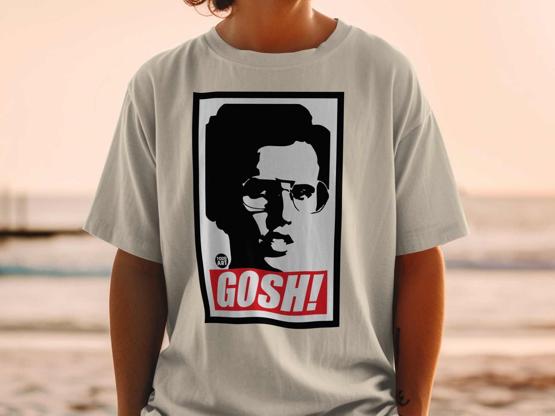 T-shirt with black and white portrait and "GOSH!" text.
