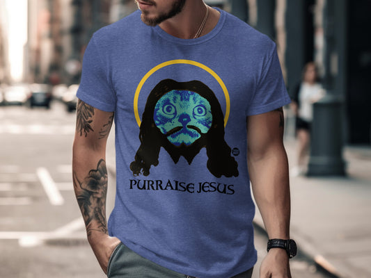 Funny Cat with Jesus Halo Purraise Jesus T-shirt