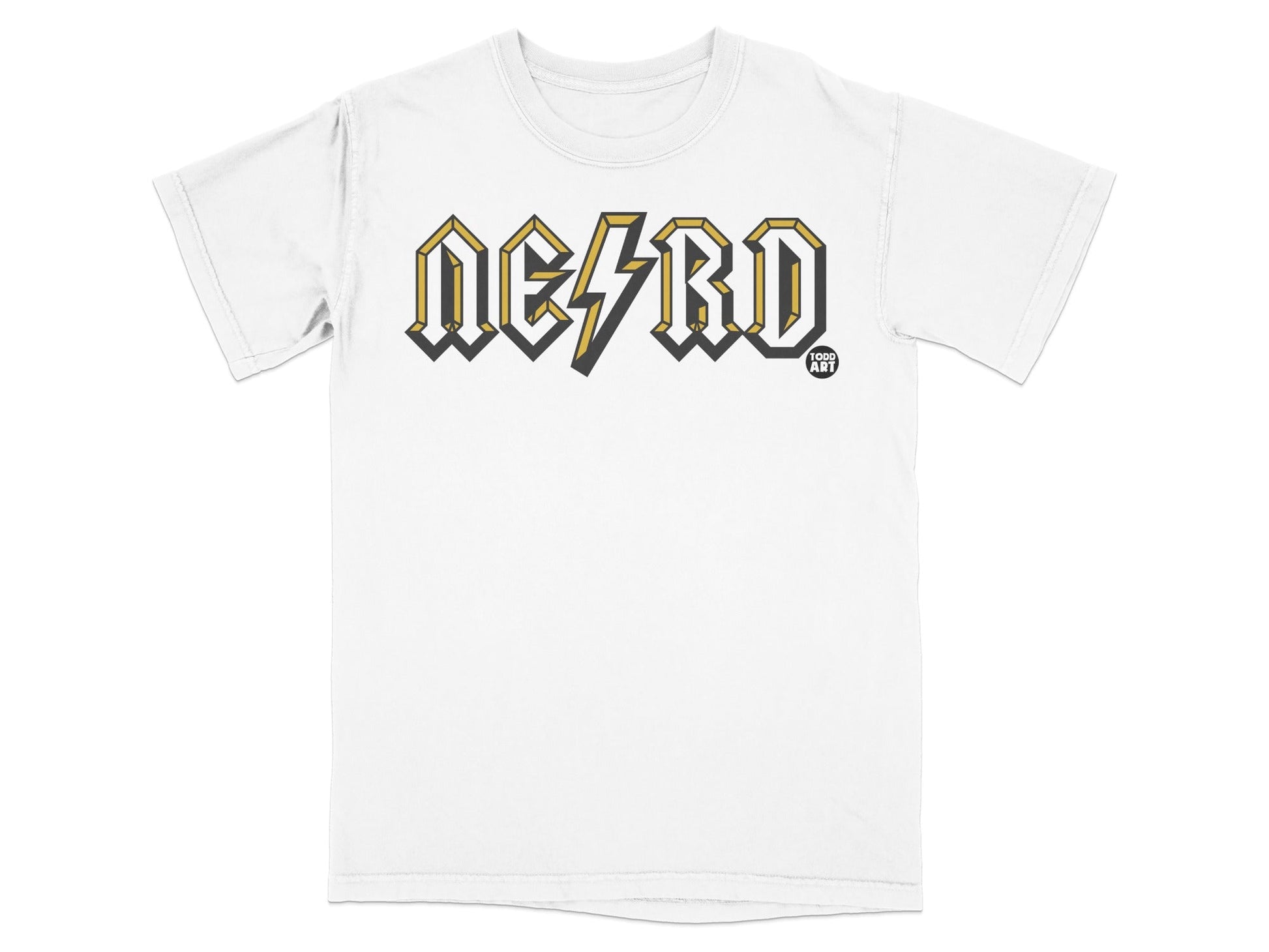 White t-shirt with "NERD" in yellow and black block letters and a small "FOOD ART" logo.