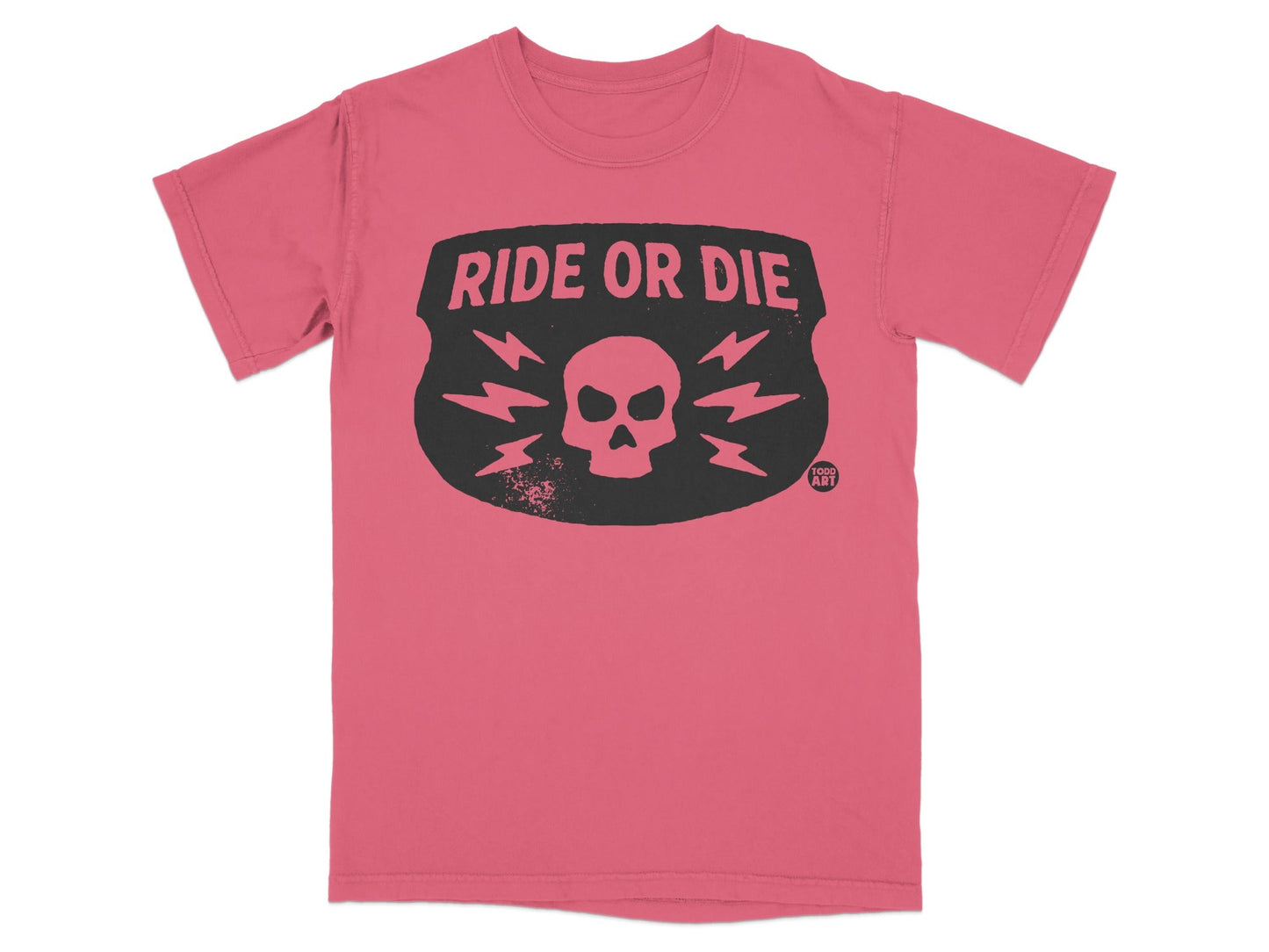 Pink t-shirt with black "RIDE OR DIE" text and skull graphic.