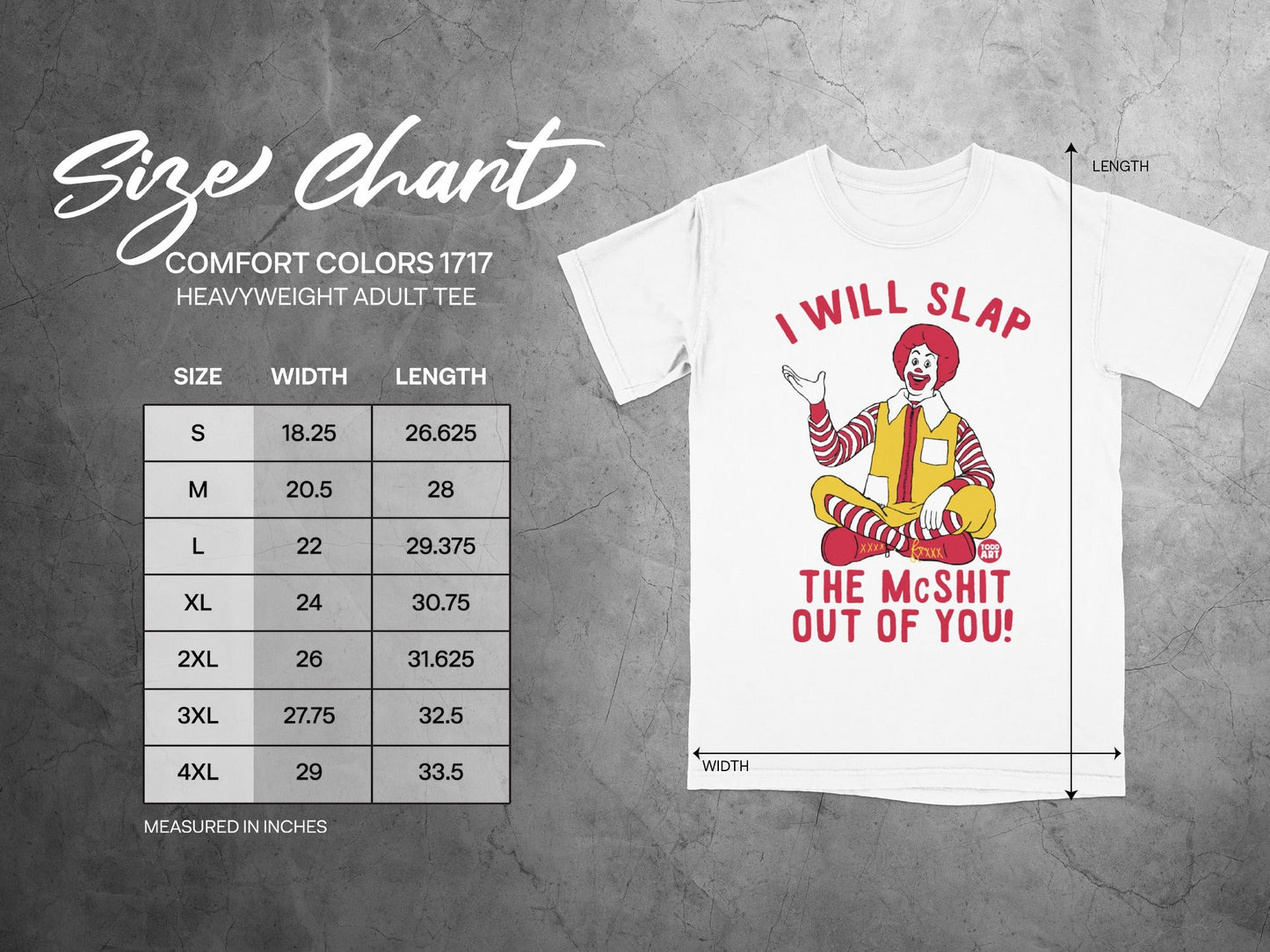 Comfort Colors 1717 heavyweight adult tee size chart with clown graphic.