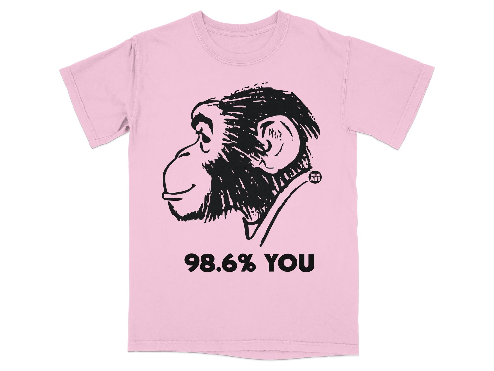 Pink t-shirt with black chimp graphic and text "98.6% YOU".