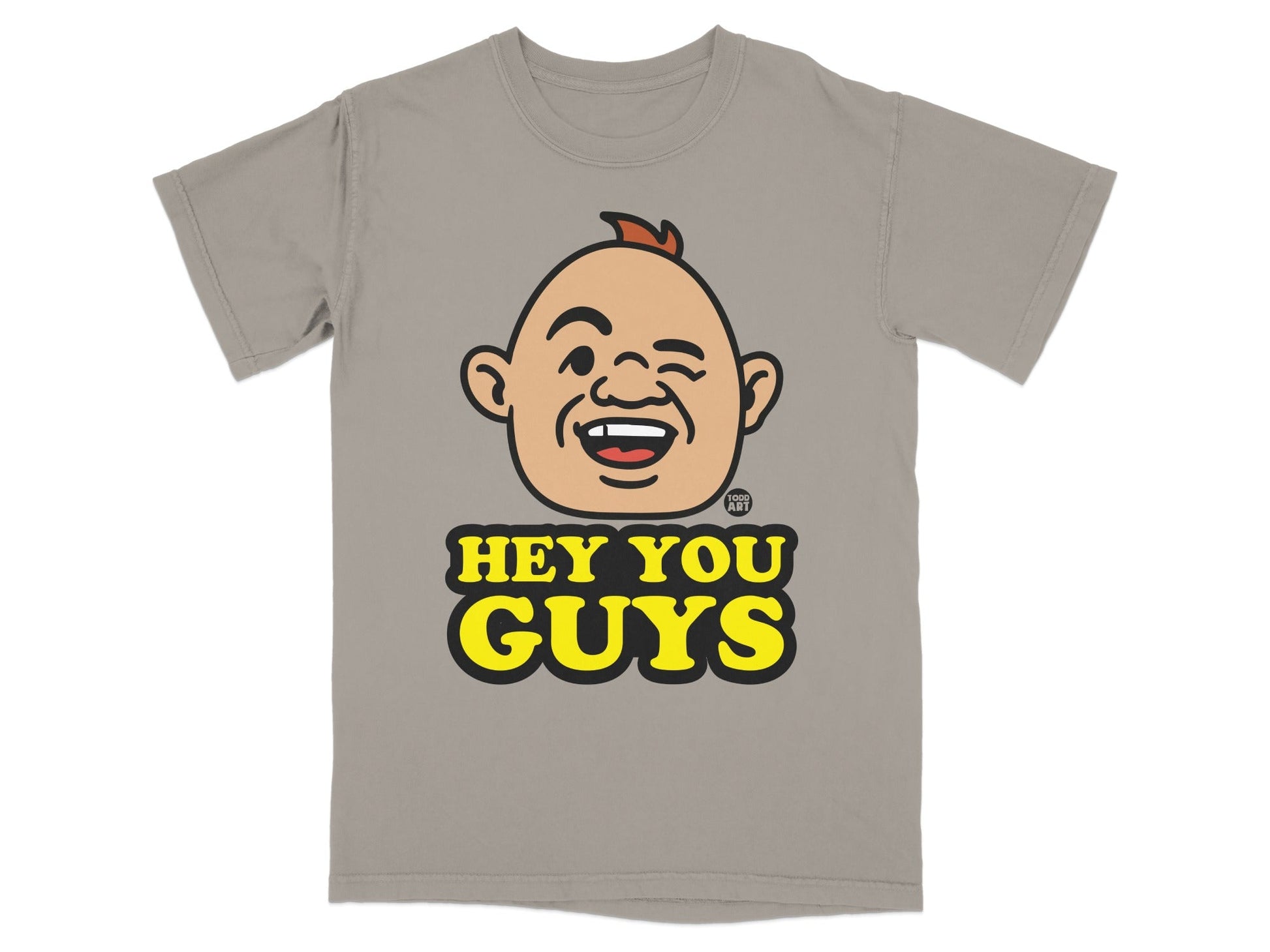 Grey t-shirt with cartoon face and "Hey You Guys" text.