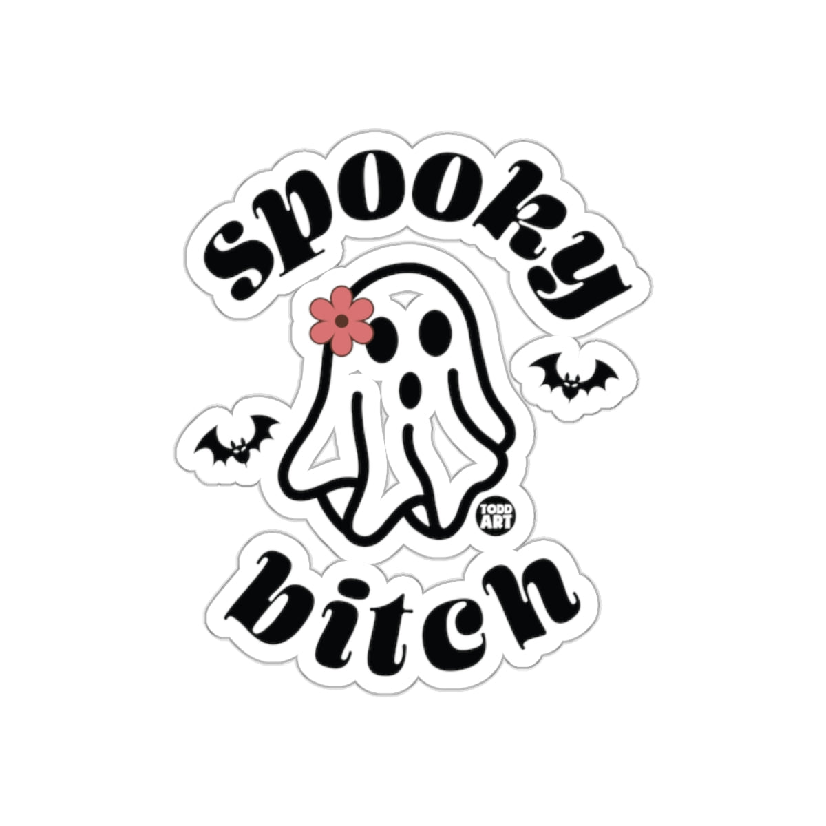 Spooky Bitch Ghost Sticker with Pink Flower and Bats