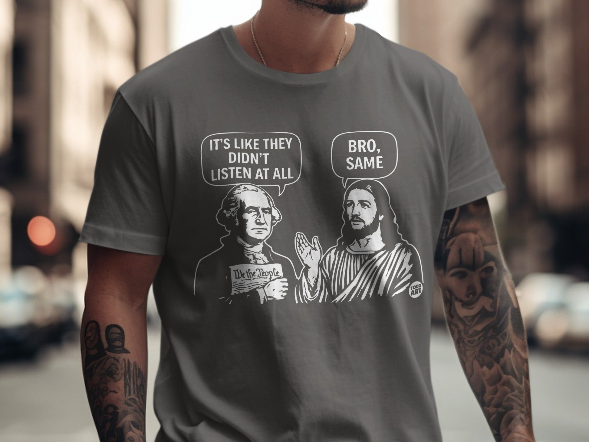 T-shirt with Washington and Jesus discussing "We the People."