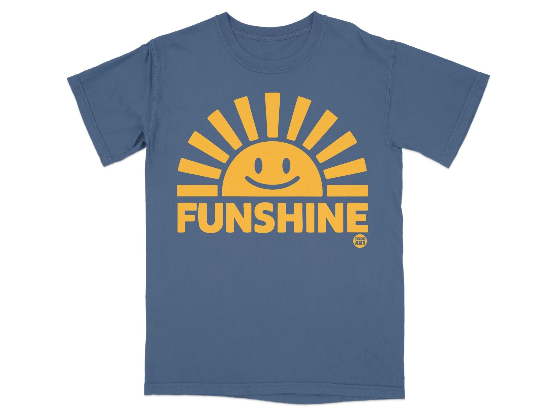 Blue t-shirt with a yellow sun graphic and "FUNSHINE" text.