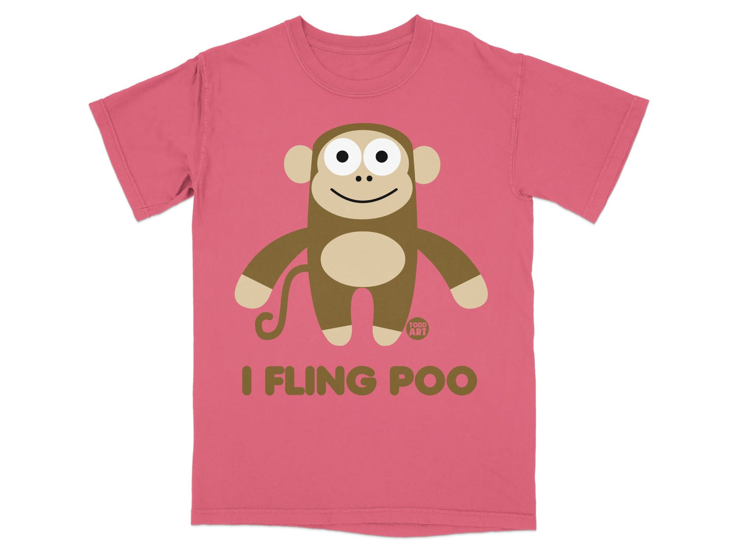 Coral t-shirt with cartoon monkey and "I FLING POO" text.