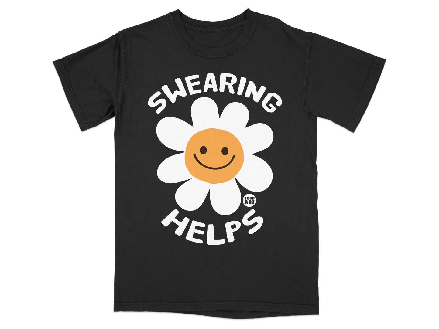Black t-shirt with a white daisy graphic and "SWEARING HELPS" text.