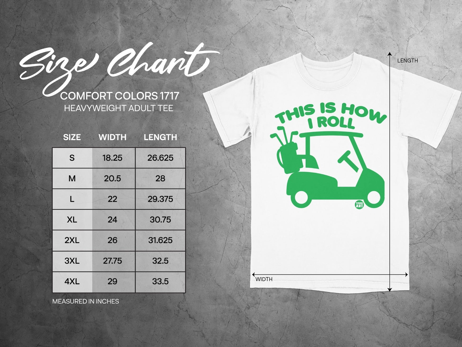 Comfort Colors heavyweight adult tee size chart with dimensions in inches and a golf cart graphic.
