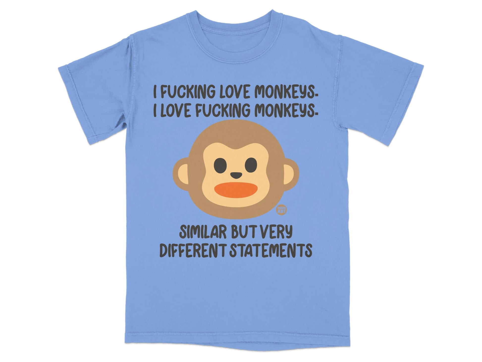 Blue t-shirt with monkey emoji and "I FUCKING LOVE MONKEYS" text.