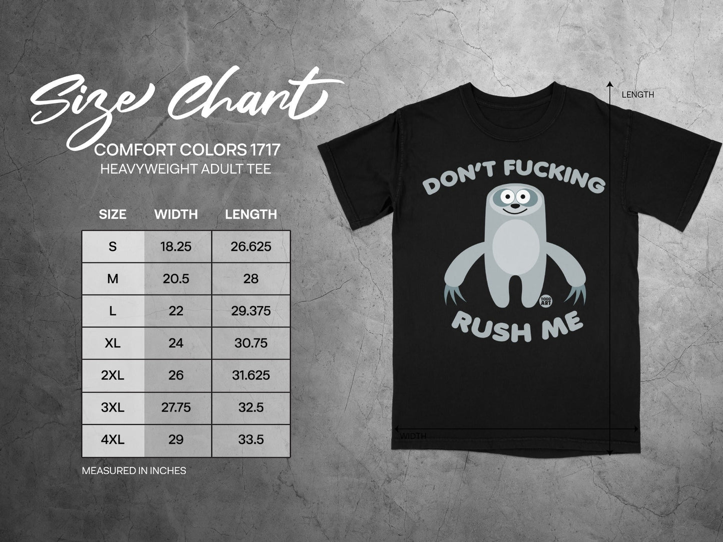 Size chart with Comfort Colors 1717 heavyweight t-shirt dimensions and graphic.