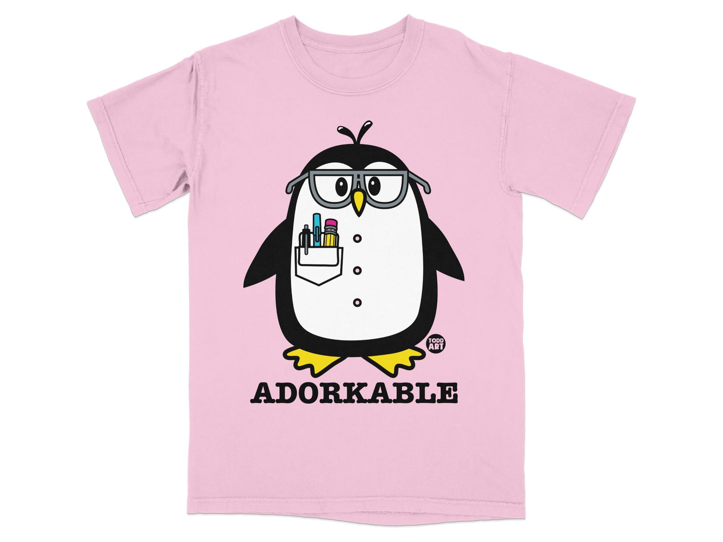 Pink t-shirt with a cartoon penguin wearing glasses and holding pens.