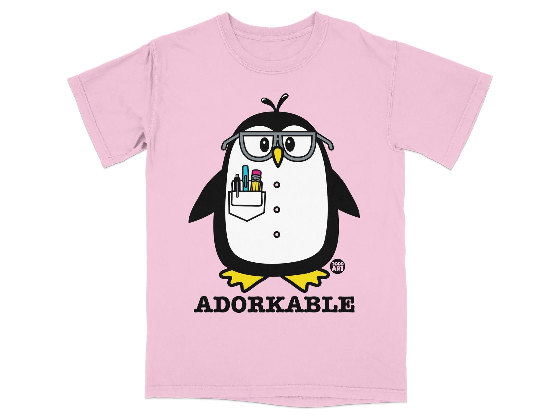 Pink t-shirt with a cartoon penguin wearing glasses and holding pens.