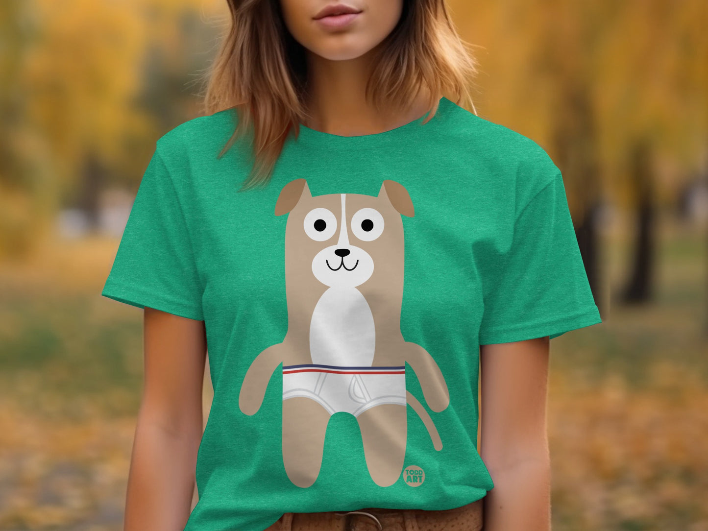 Playful Cartoon Dog in Underwear Graphic Shirt