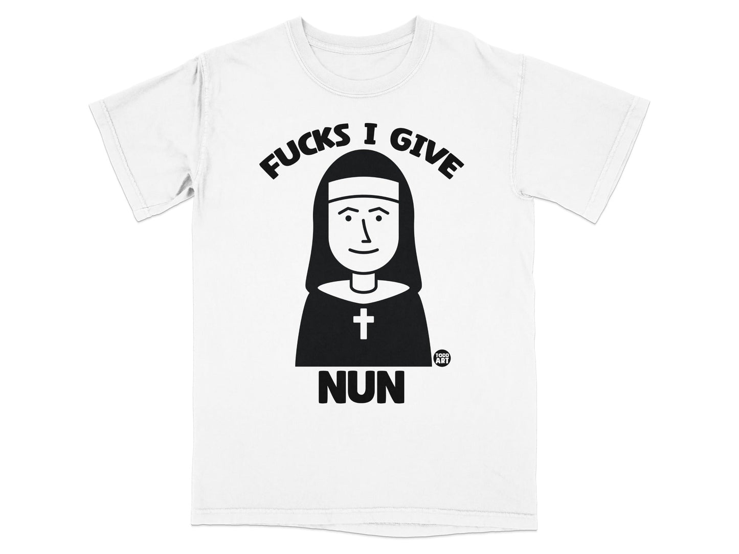 T-shirt with a cartoon nun and text "Fucks I Give NUN".