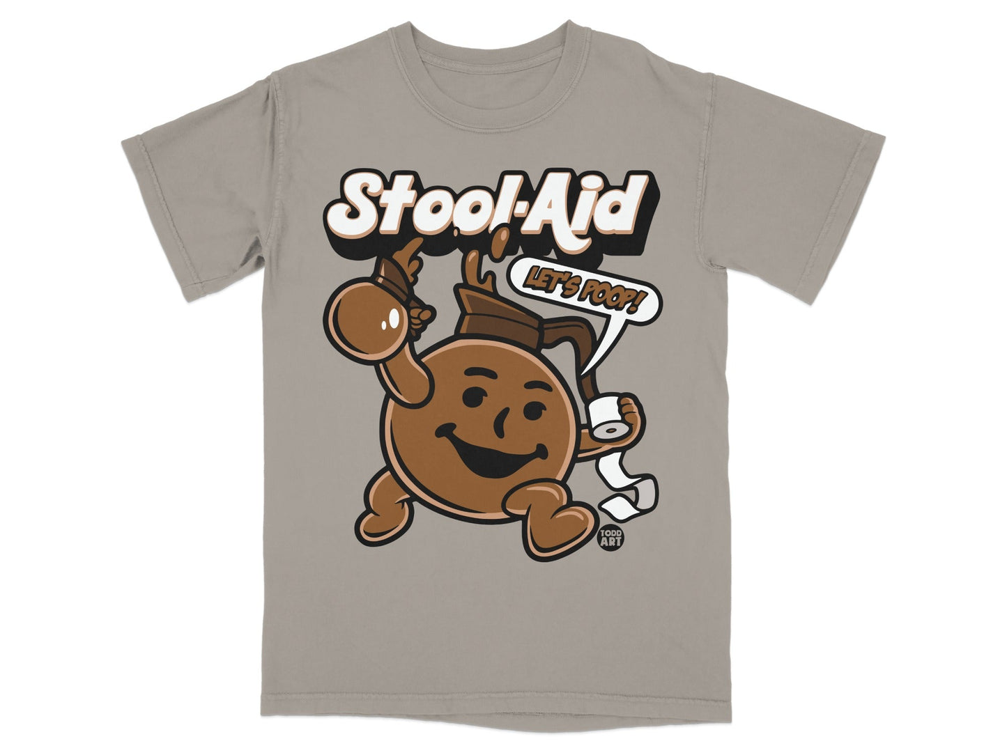 Stool-Aid cartoon mascot holding toilet paper, "Let's Poop!" text.