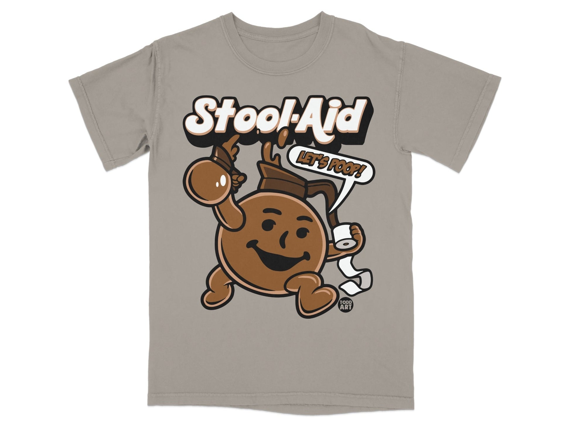 Stool-Aid cartoon mascot holding toilet paper, "Let's Poop!" text.