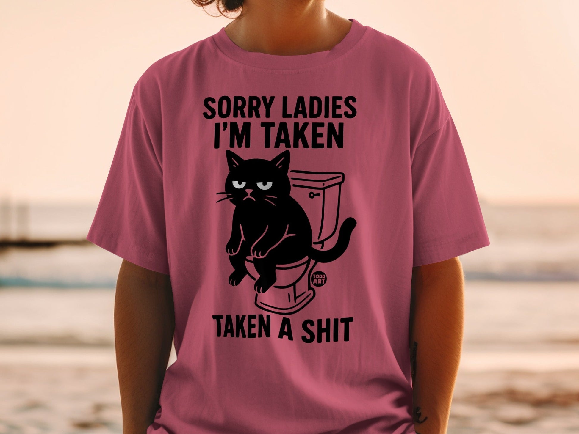 T-shirt with black cat on toilet, reading "Sorry ladies I'm taken, taken a shit."