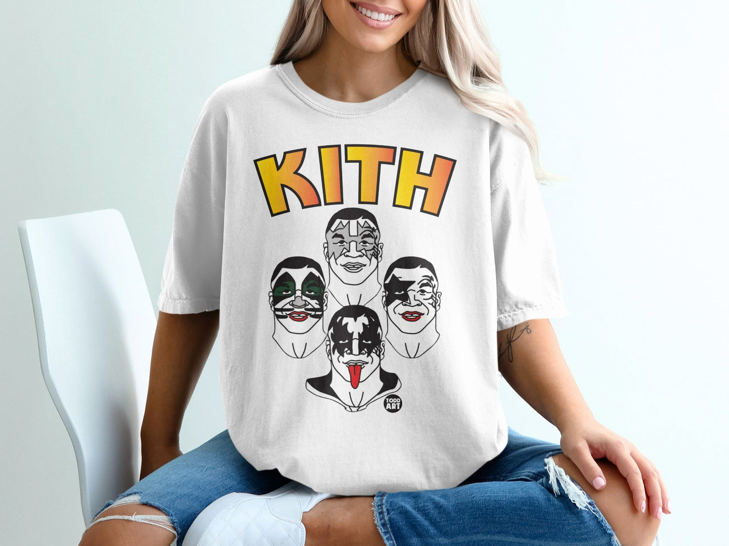 Kith t-shirt with cartoon faces of the band KISS.