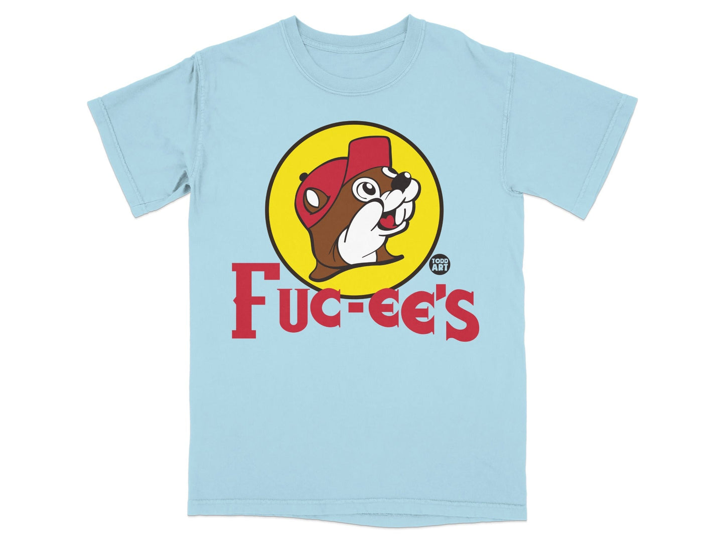 Light blue t-shirt featuring the Buc-ee's beaver logo in red and yellow.