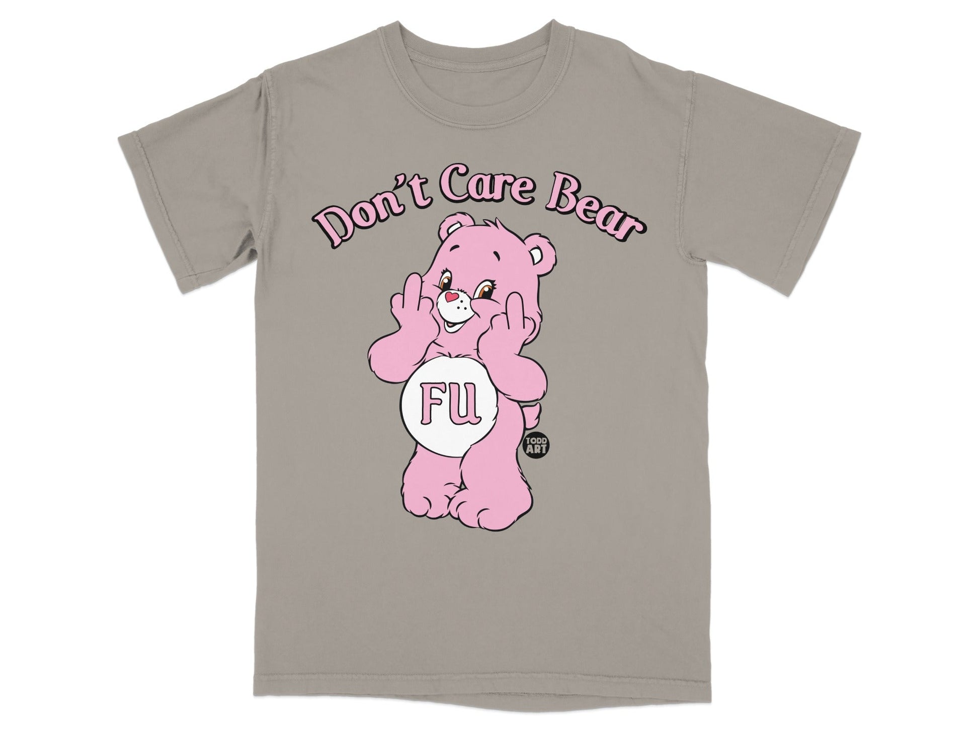 Pink teddy bear with "Don't Care Bear" text, flipping off, with FU on stomach.