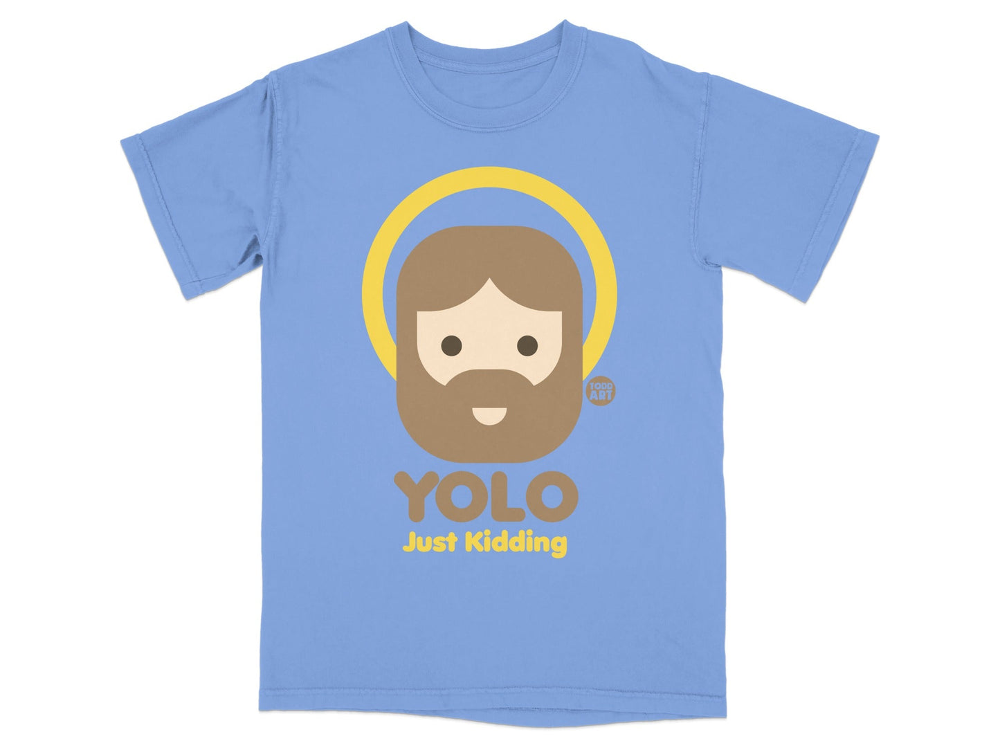 Blue t-shirt with cartoon haloed figure and text "YOLO Just Kidding".