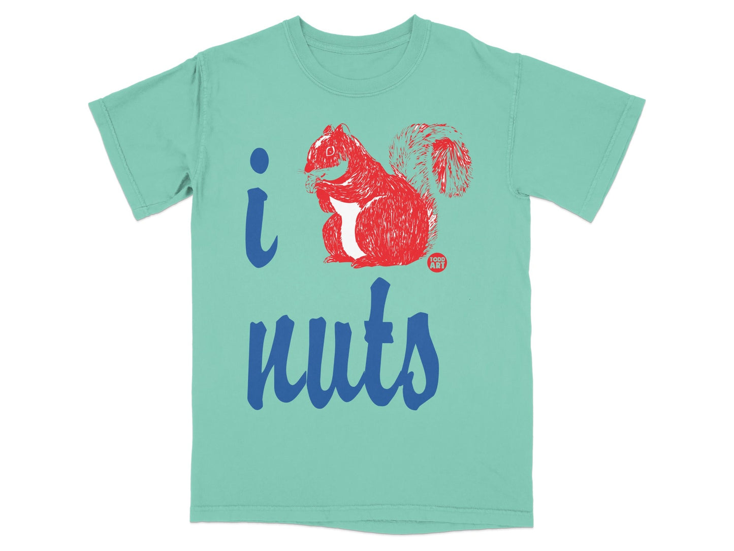 Teal t-shirt with "i nuts" and a red squirrel illustration.