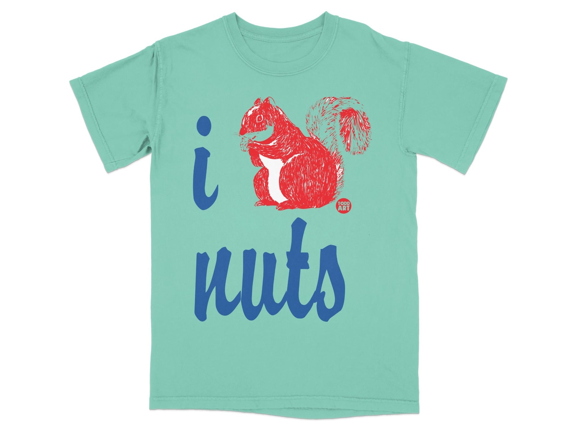 Teal t-shirt with "i nuts" and a red squirrel illustration.