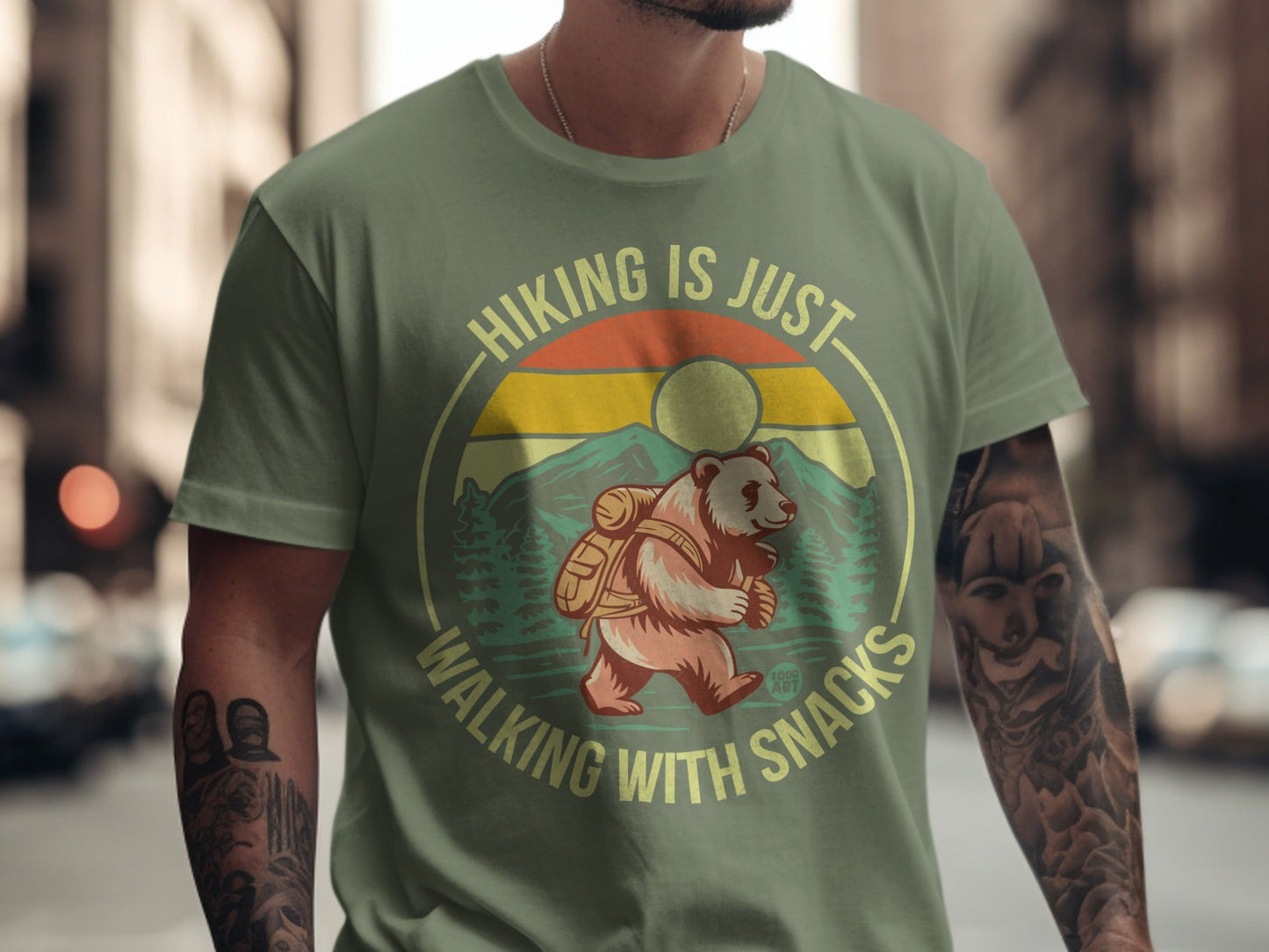 Bear hiking with backpack on t-shirt graphic, "Hiking is just walking with snacks."