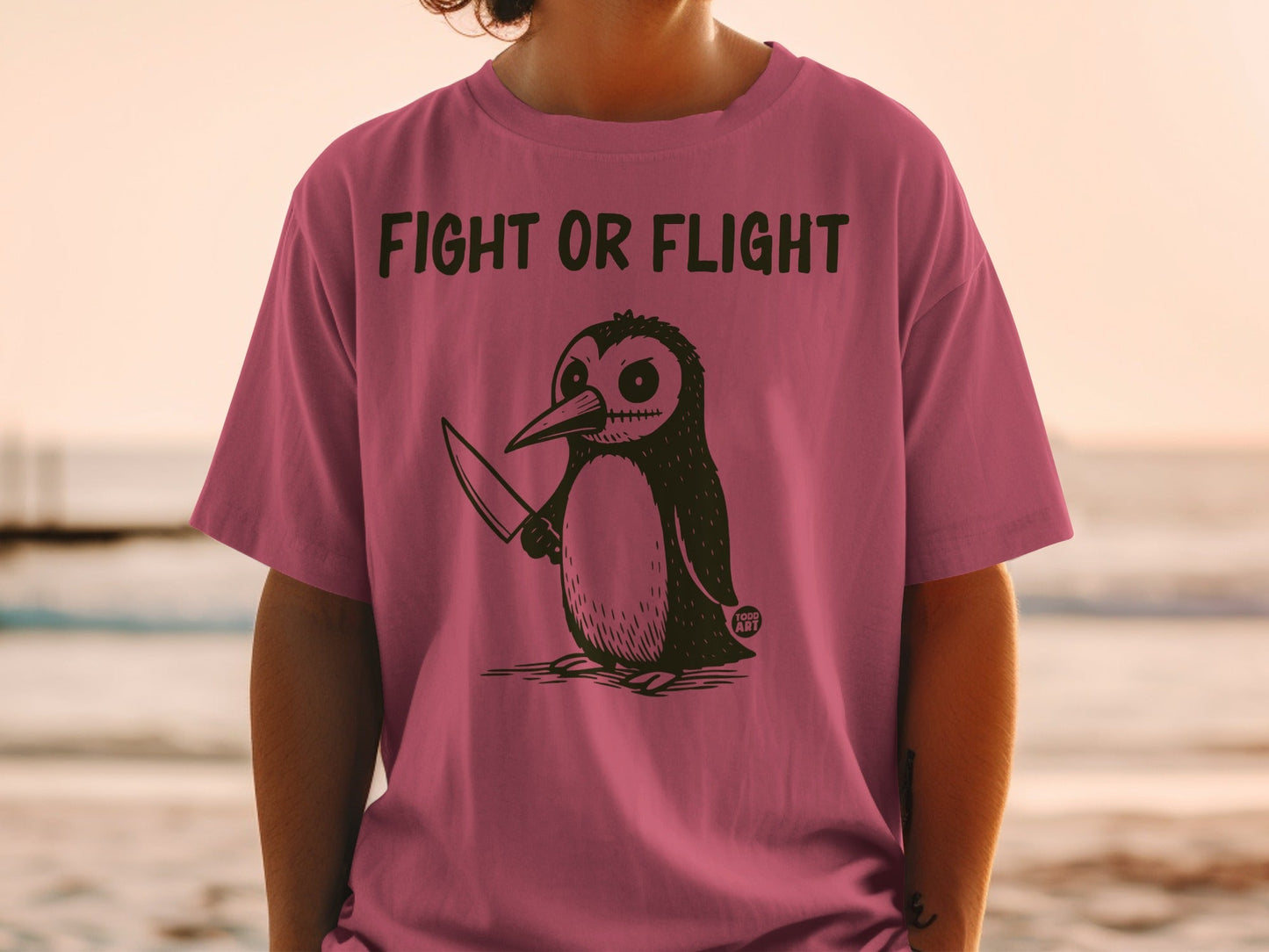 FIGHT OR FLIGHT Penguin T-Shirts, Edgy Cute Knife Penguin Tee, Dark Humor Animal Shirt, Funny Sarcastic Graphic T-Shirt, Unique Gift Idea