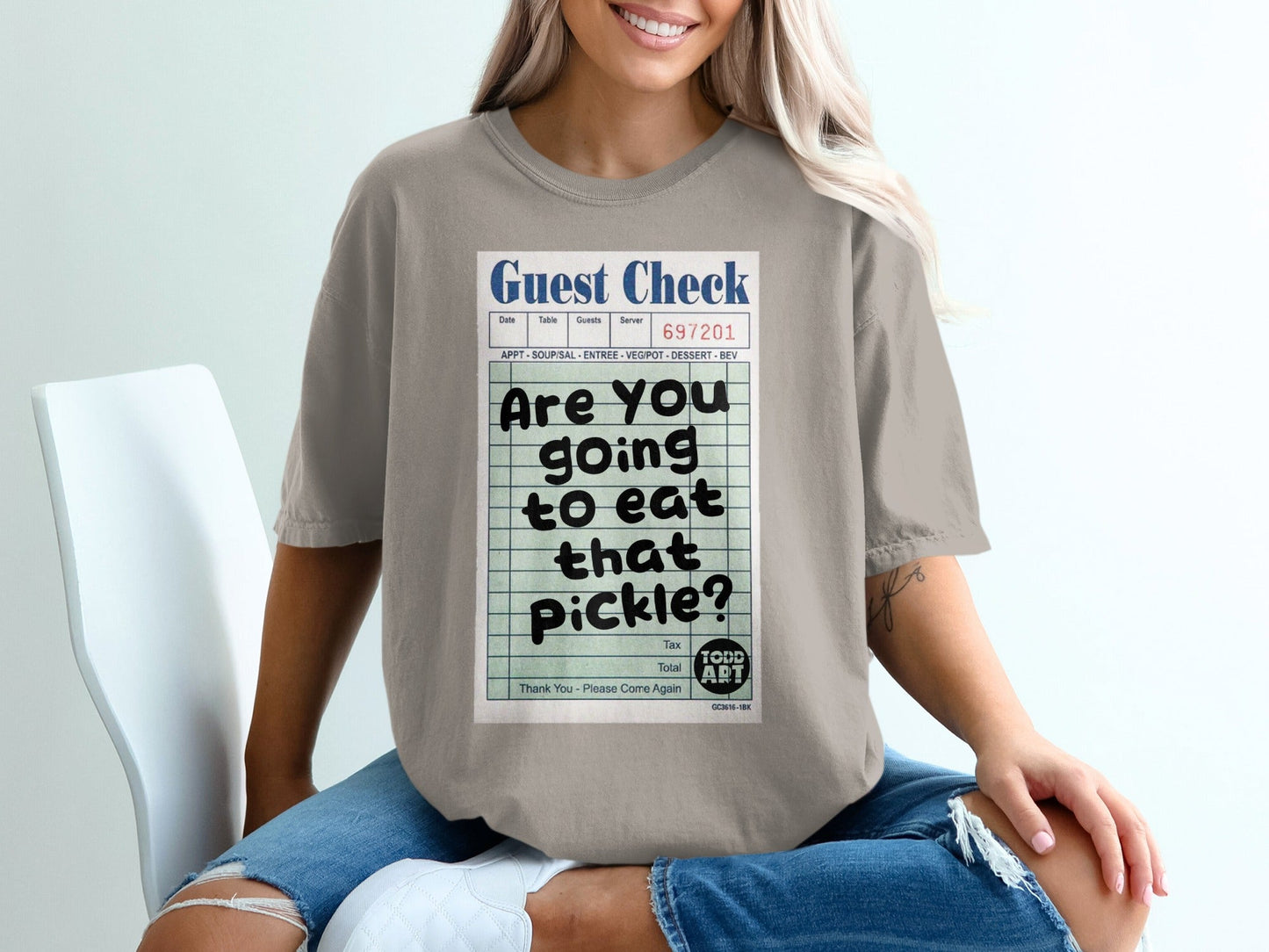 Guest check reads "Are you going to eat that Pickle?"